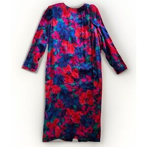 Vintage Flora Kung New York 100% Silk Floral Midi Dress Pink Blue Size 10 80s